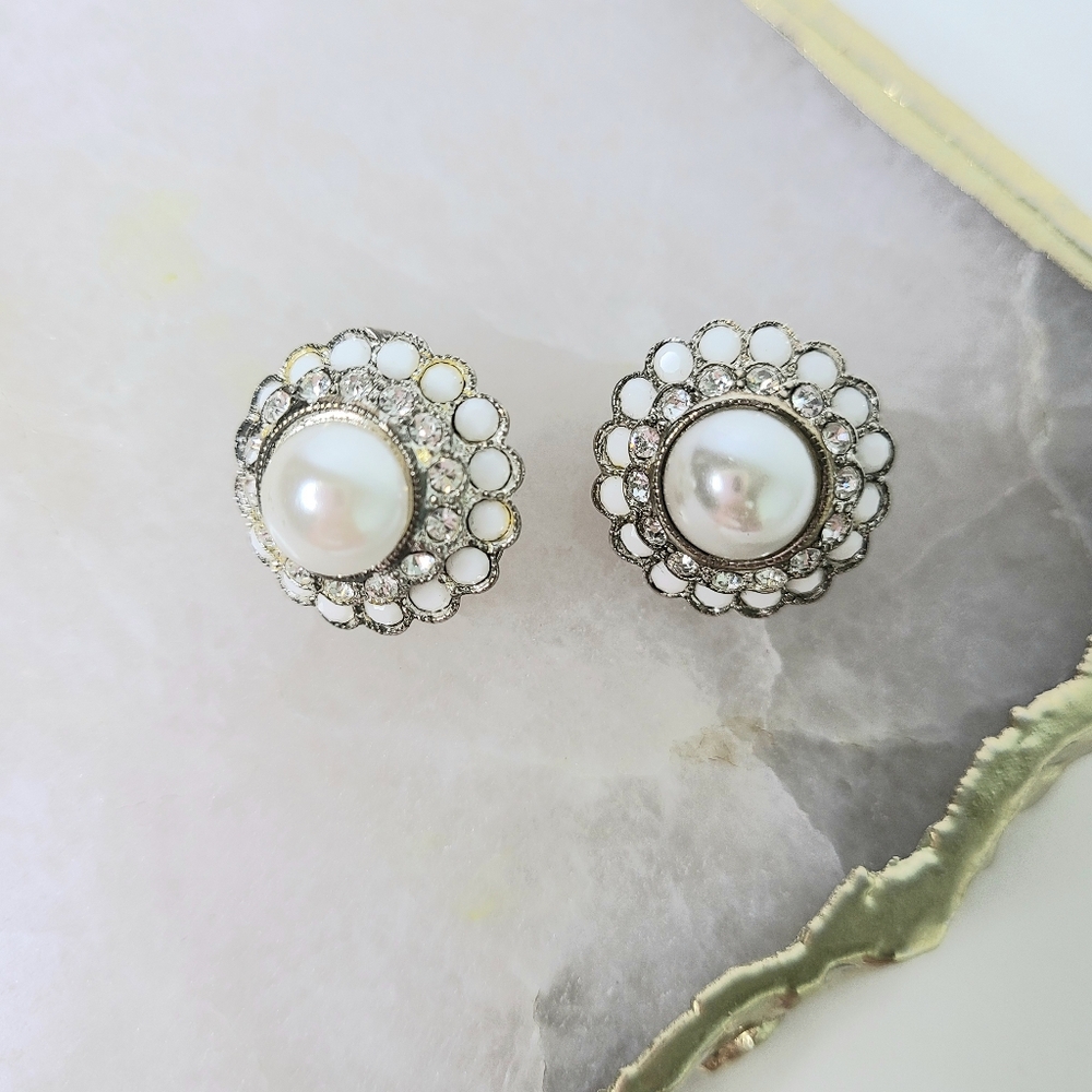 R.J. Graziano Silver-Tone Faux Pearl 1998 Vintage Clip On Earrings